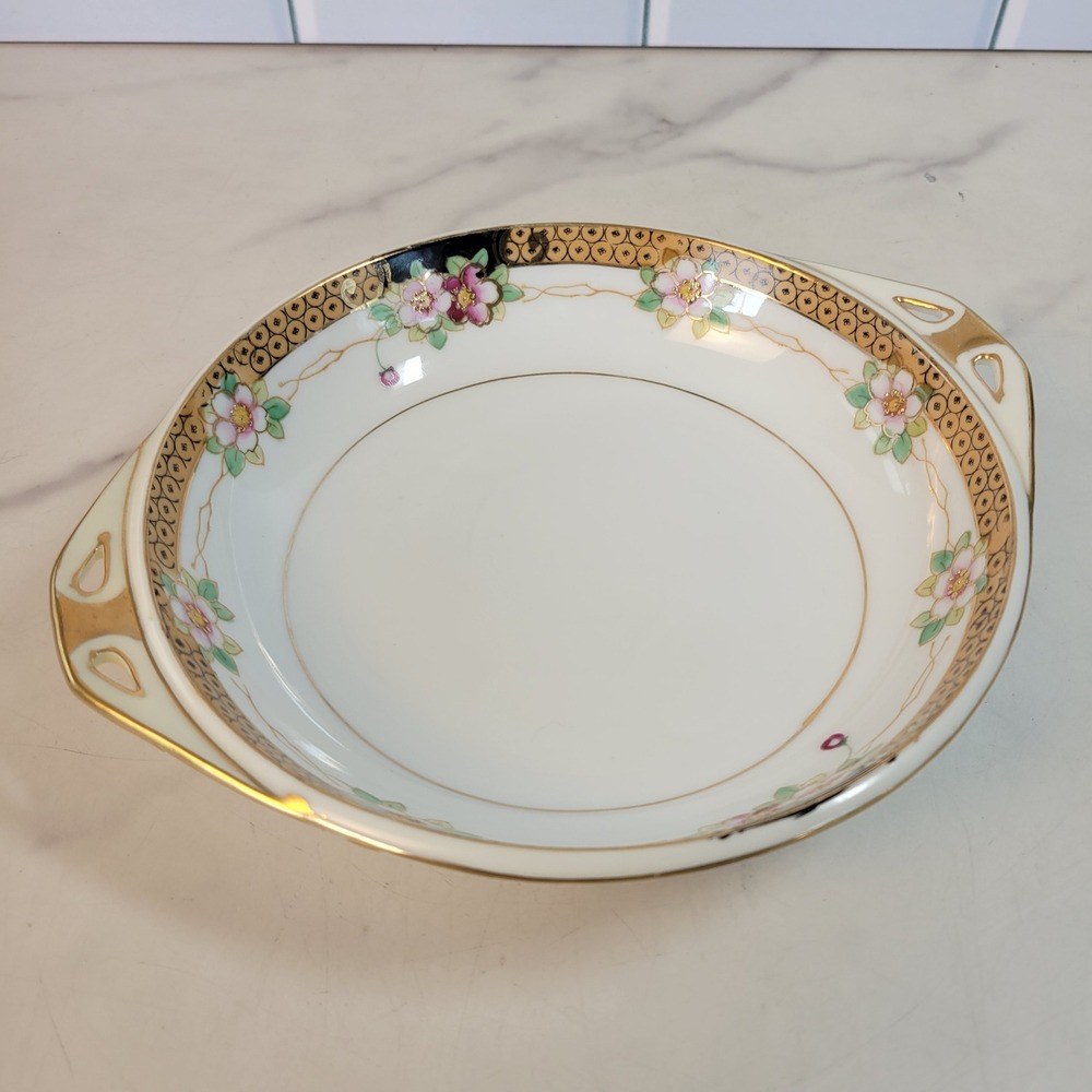 Nippon Hand Painted Porcelain Floral Bowl Gold Moriage Cutout Handles Candy Nut